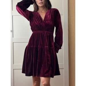 R.Vivimos Burgundy Velvet Regency Whimsygoth Mini Dress Smocked Waist Size S